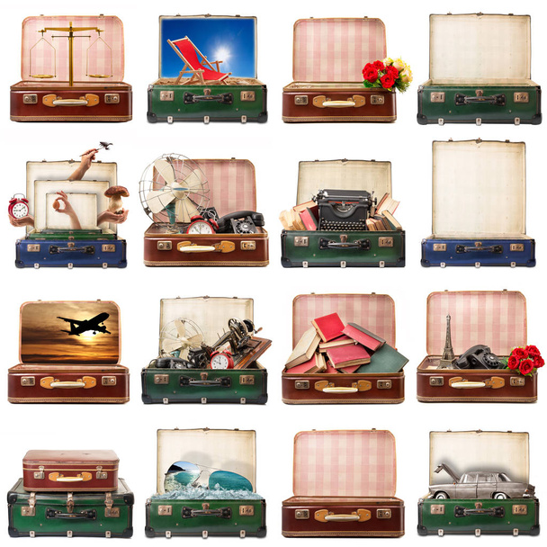 collage of old bags in white background - Photo, Image