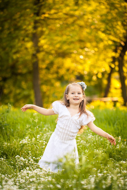 Malá holčička v poli s bílými květy - Fotografie, Obrázek