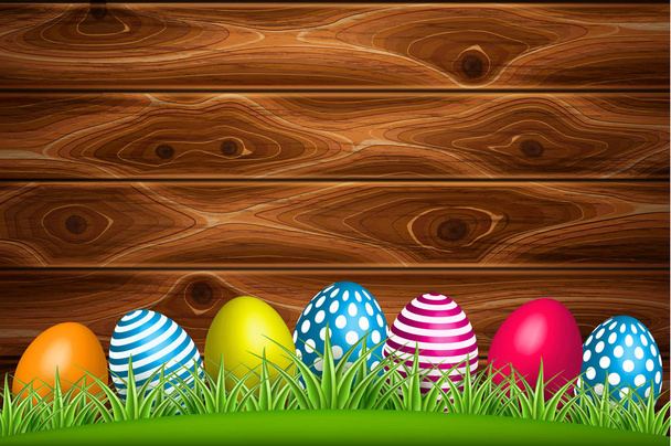 Vector decorated easter egg green grass wooden - Вектор,изображение