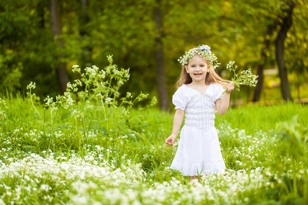 Маленька дівчинка в полі з білими квітами
 - Фото, зображення