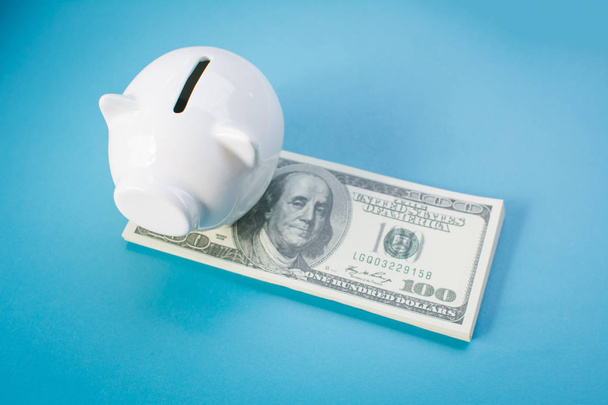 White piggy bank and money on blue background, saving concept - Фото, зображення
