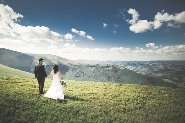Young newly wed couple, bride and groom kissing, hugging on perfect view of mountains, blue sky - Foto, immagini