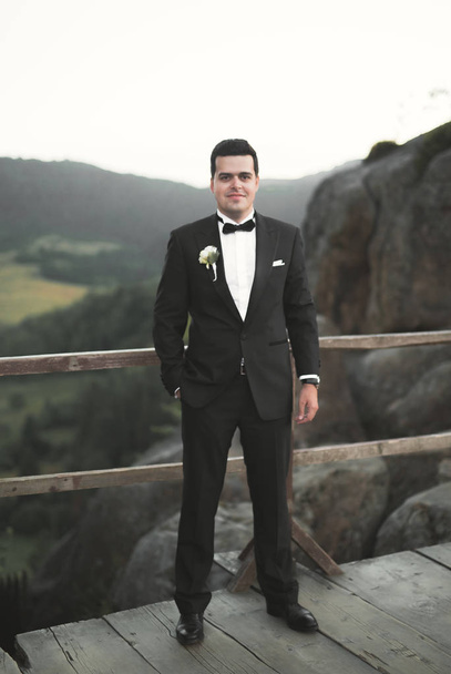 Stylish man, groom posing on the background of mountains - Fotografie, Obrázek