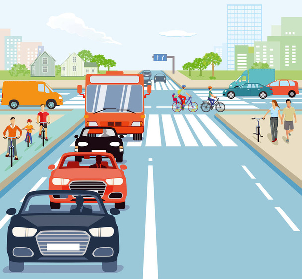 Road junction with cyclists and cars - Vector, Image