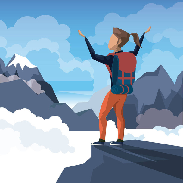 colorful daytime landscape of climber woman celebrating at the top of mountain - Vector, Image
