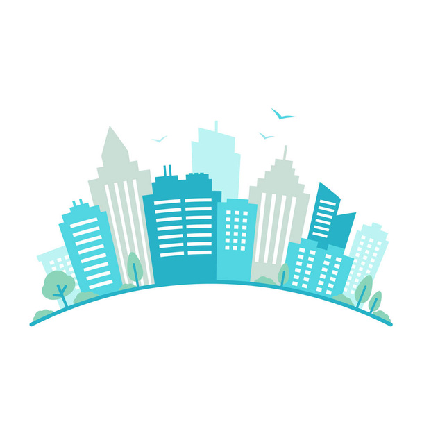 City fisheye lens styled panorama. Urban landscape. Blue city silhouette view. Cityscape in flat style. Modern round shape city landscape. Cityscape backgrounds. - Vektor, obrázek