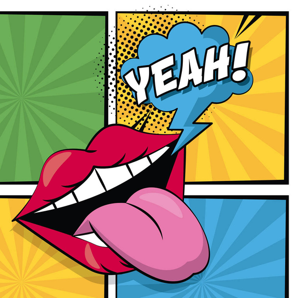 vícebarevné square banner v pop art styl polotónování s pruhy a ústa s vyplazeným a obláček Ano text - Vektor, obrázek
