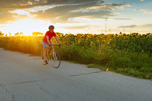 De fietser in het rood blauw formulier langs velden met zonnebloemen rijdt. In de achtergrond avondrood. - Foto, afbeelding