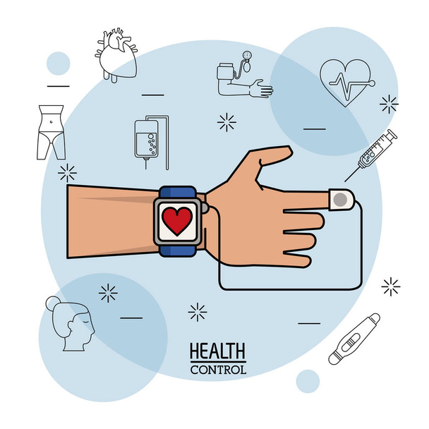 Plakát bílé pozadí s černou siluetu ikony zdravotní kontroly v pozadí a ruka s pulzní monitor v Detailní barevné hodiny - Vektor, obrázek