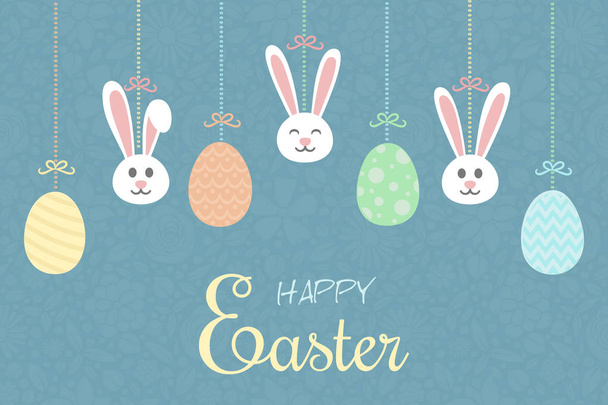 Cute hand drawn bunnies and eggs with wishes. Concept of a banner for Easter. - Διάνυσμα, εικόνα