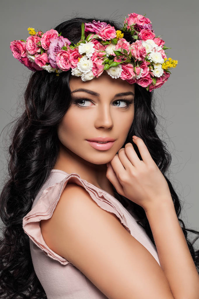 Cute Female Face with Flowers. Pretty Woman  - Photo, Image