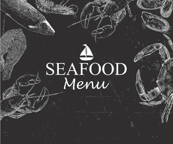 Seafood hand drawn vector illustration. Crab, lobster, shrimp, oyster, - Vektör, Görsel