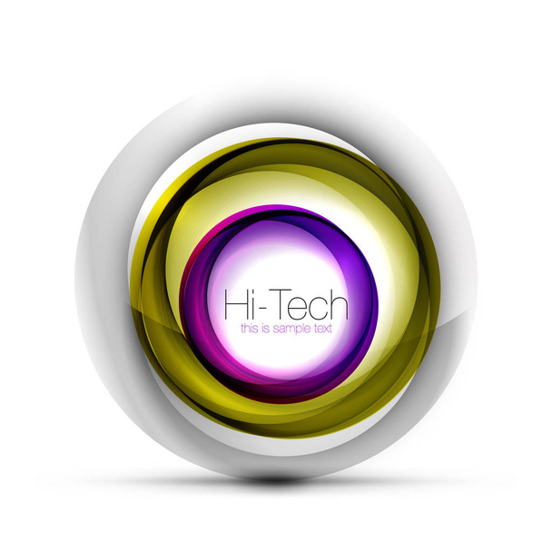 Digital techno sphere web banner, button or icon with text. Glossy swirl color abstract circle design, hi-tech futuristic symbol with color rings and grey metallic element - Vector, Image