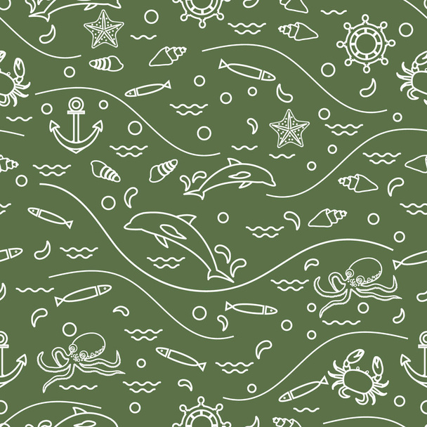 Cute seamless pattern with dolphins, octopus, fish, anchor, helm - Vektör, Görsel