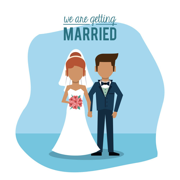 blauwe achtergrond poster van wij gaan trouwen met anonieme net getrouwde paar - Vector, afbeelding