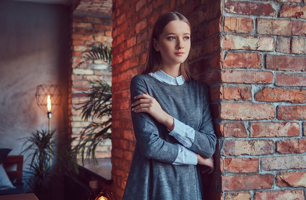 Portrait of a young slim sensual girl in a gray dress  - Fotoğraf, Görsel