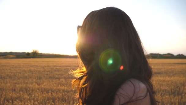 schöne Mädchen geht entlang Weizenfeld mit Sonnenfackel im Hintergrund. Profil einer jungen Frau, die bei Sonnenuntergang auf die Wiese geht. Sommerfreizeit im Naturkonzept. Seitenansicht Nahaufnahme Zeitlupe - Filmmaterial, Video