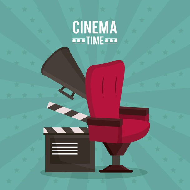 cartel colorido de tiempo de cine con clapperboard y silla y megáfono director
 - Vector, imagen
