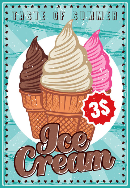 Ice cream colored advertising poster in vintage style for institution with grunge textures and sample text on separate layers - Vektor, Bild