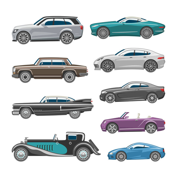 Luxusní auto vektor retro auto dopravy a vozidel automobilů ilustrace sada citycar automobilový průmysl izolované na bílém pozadí obrázku - Vektor, obrázek
