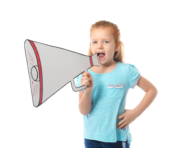 Cute little girl shouting into paper megaphone on white background - Photo, image