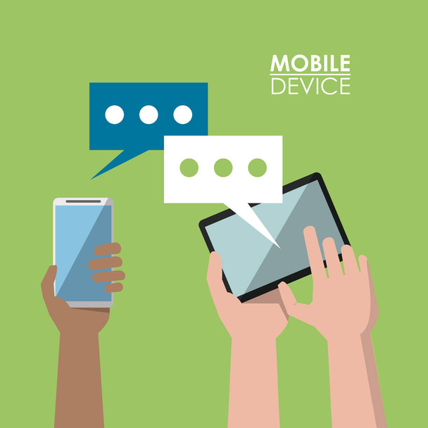 světle zelený plakát mobilní zařízení s komunikací mezi smartphone a tablet - Vektor, obrázek