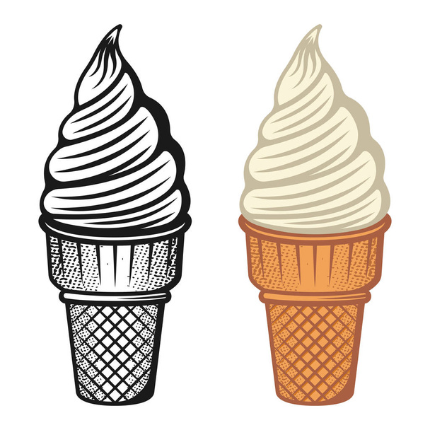 Ice cream two style monochrome and colored set of vector objects or design elements isolated on white background - Vektor, Bild