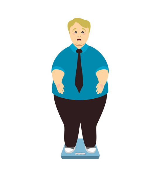 Perdita di peso. Uomo in sovrappeso su bilance
 - Vettoriali, immagini