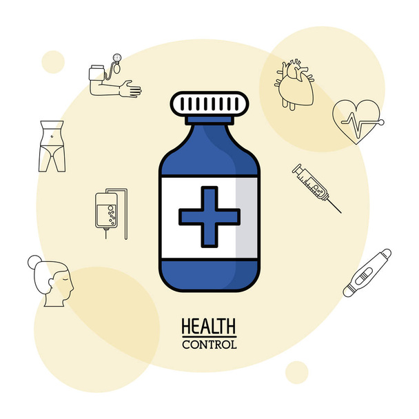 Affiche fond blanc avec silhouette noire icônes de contrôle de la santé en arrière-plan et bouteille de médecine de couleur en gros plan
 - Vecteur, image
