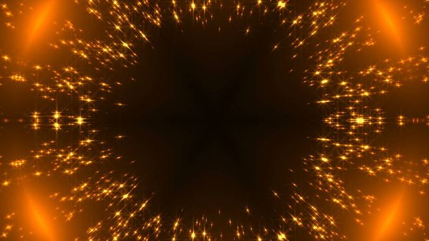 Caleidoscopio radial de oro con estrellas brillantes en negro, muchas partículas, fondo de representación 3d celebratorio
 - Foto, Imagen