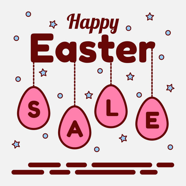 Happy Easter sale theme. Pendants of pink eggs with letters. Stars and candy in the background. Can be used as a greeting card, invitation, banner. Vector illustration - ベクター画像