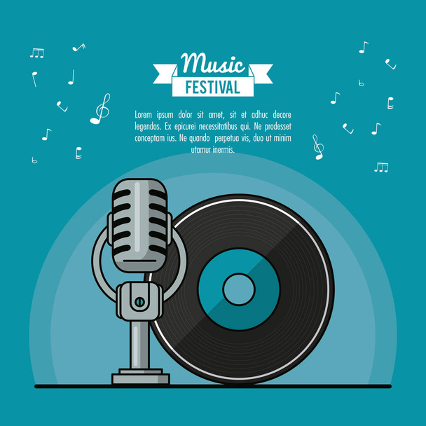 Poster Müzik Festivali vinil lp kayıt ve mikrofon ile mavi arka plan - Vektör, Görsel