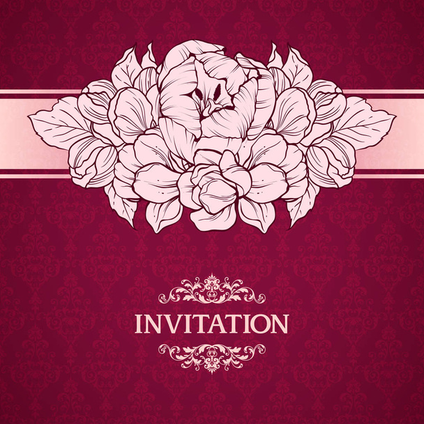 Wedding marriage invitation with linear flowers on ornate background. Greeting card in retro style Elegant pattern, flowers - ベクター画像