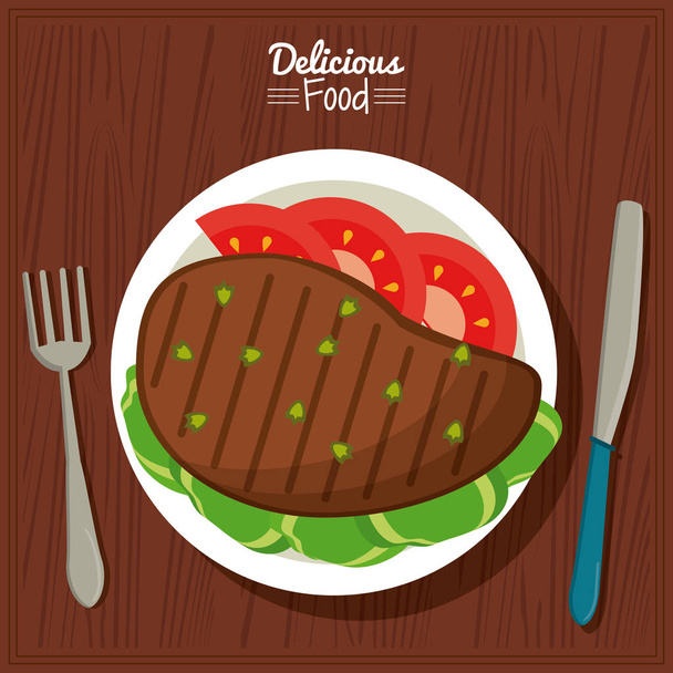poster delicious food in kitchen table background and cutlery with dish of grilled meat with vegetables - Vector, Image
