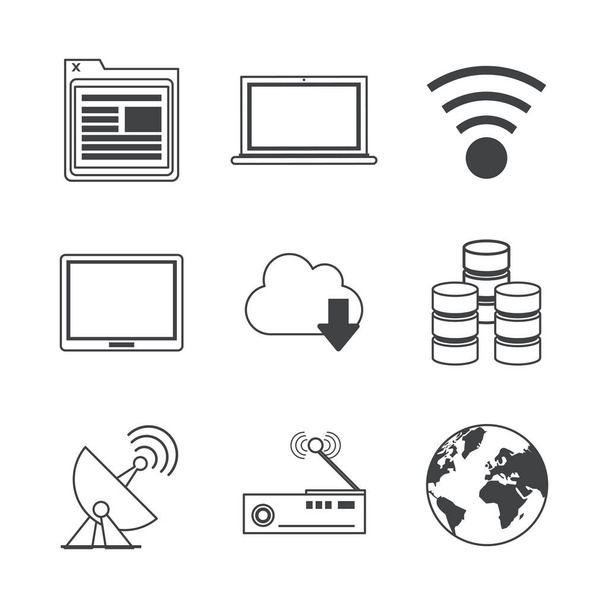 witte achtergrond met zwart-wit pictogrammen voor netwerk uitzenden en opslag - Vector, afbeelding