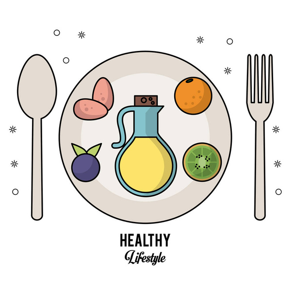 bílé pozadí zdravého životního stylu se sadou příbory a misky s olivový olej vejce oranžové kiwi a Borůvka - Vektor, obrázek