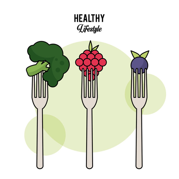 fondo blanco de estilo de vida saludable con alimentos en cubiertos tenedores de uvas de brócoli y arándanos
 - Vector, imagen