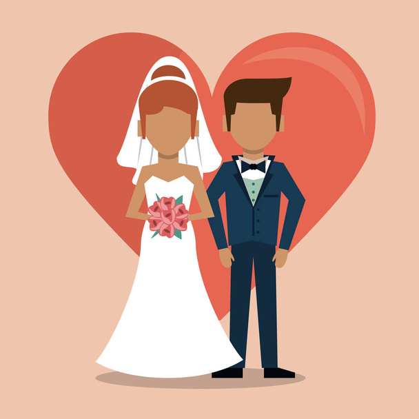 colorful background with big heart and faceless couple of just married - Vector, Image