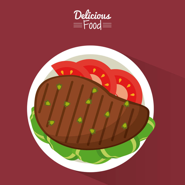 comida deliciosa cartaz em fundo roxo com prato de carne grelhada com legumes
 - Vetor, Imagem