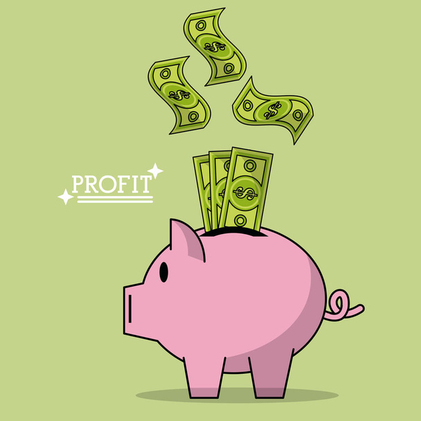 colorful poster of profit with money bills falling in piggy bank - Vector, Image