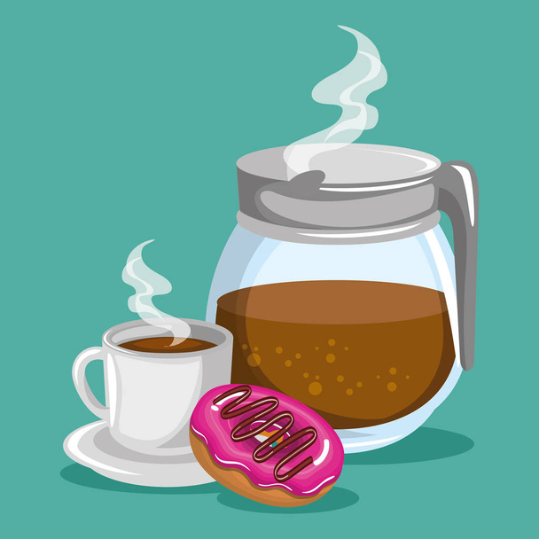 ティーポットとドーナツで美味しいコーヒー - ベクター画像