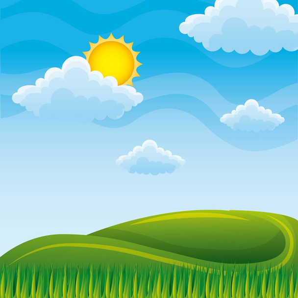 kesäinen luonto maisema kukkulat ja niityt taivas ja pilvet
 - Vektori, kuva