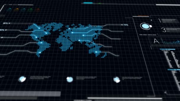 Käyttöliittymä Tummansininen tausta maailman kartta kuvaaja palkki pi ja HUD elementti kyberteknologian ja futuristinen käsite tumma ja viljan jalostettu
 - Materiaali, video