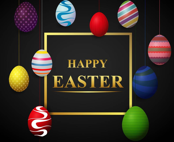 Happy Easter lettering background with colored decorated eggs - Vetor, Imagem