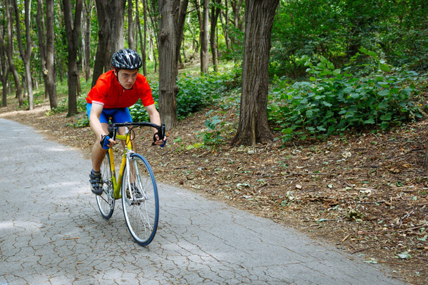 Pyöräilijä ajaa maantiellä polkupyörällä metsässä
. - Valokuva, kuva