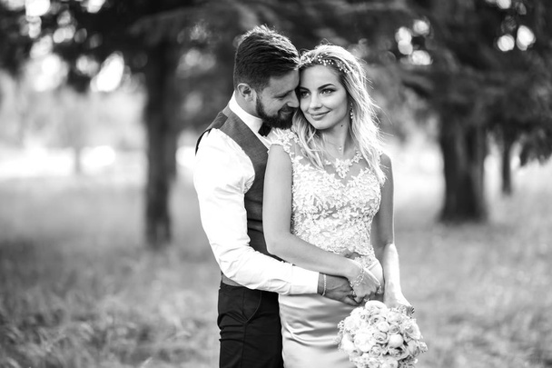 Stylish couple of happy newlyweds posing in the park on their wedding day. Perfect couple bride, groom posing and kissing  - Photo, image