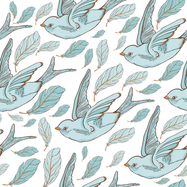 Seamless pattern with swallow birds and beautiful flowers. Vector embroidery for fashion textile and fabric. - Vector, Image