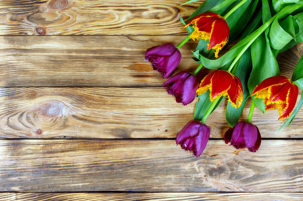 red tulips flowers on a wooden background - Foto, afbeelding