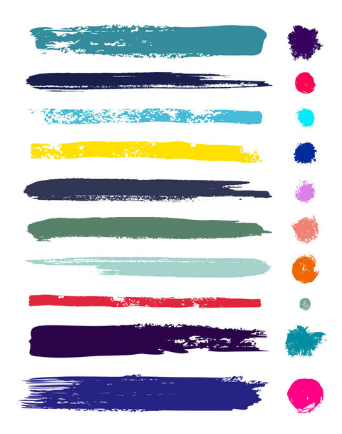 Set of brush strokes backgrounds. Paint line grunge collection. Colorful grunge hand painted brush strokes. Ink texture, elements borders or frames. Vector illustration. Isolated on white background - Vector, Image