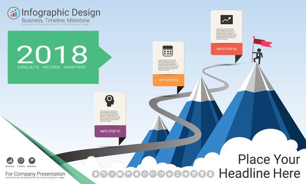 Milestone timeline infographic design, Road map or strategic plan to define company values, Used for scheduling in project management to mark specific points along a project timeline you have created. - Vector, Image